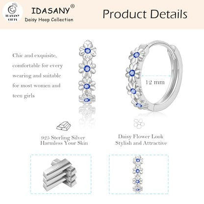 Sterling Silver Hoop Earrings for Women, Dainty Small Huggie Hoop Earrings | Hypoallergenic Daisy Color Cubic Zirconia Flower Hoops Earring Jewellery Gifts for Ladies Birthday Wedding, 12mm Hoop - color: Sapphire