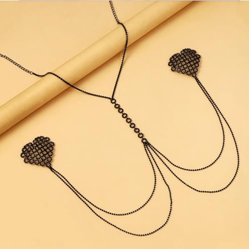 Rhinestone Heart Bra Chain Non Piercing Nipple Jewelry Festival Rave Layered Sexy Necklace Crystal Nipple Body Accessories Jewelry for Women Party - color: Black