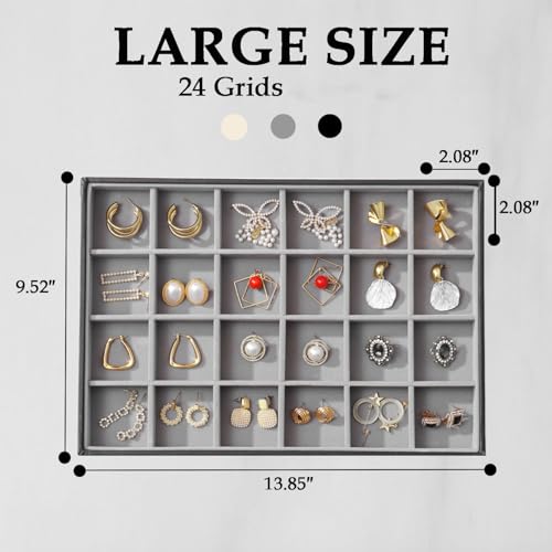 Large Jewelry Organizer Tray, Stackable Jewelry Storage Holder PU Leather Velvet Jewellery Display Case for Stud Earring Bracelet Necklace Ring (Black Gray, 24 Grids) - color: Black Gray