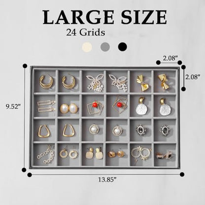 Large Jewelry Organizer Tray, Stackable Jewelry Storage Holder PU Leather Velvet Jewellery Display Case for Stud Earring Bracelet Necklace Ring (Black Gray, 24 Grids) - color: Black Gray
