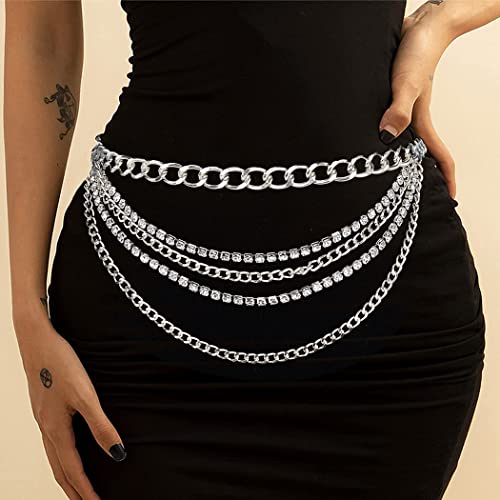 Suyi Multilayer Chain Belt Rhinestone Metal Chain Belts for Women Punk Gold Waist Chain - color: Silver, size: S: 90 CM