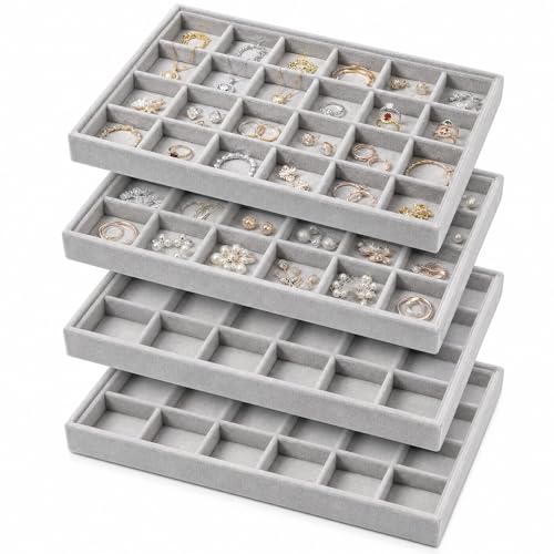 Unittype Set of 4 Stackable Jewelry Organizer Tray for Drawer Inserts Velvet Necklace Earring Bracelet Ring Holder Jewelry Display Storage Box for Bangle Stud Necklace Ring(24 Grid,Gray) - color: Gray, style: 24 Grid