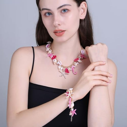 RUOFFETA Shell Starfish Necklace Bracelet Conch Statement Chunky Necklace Mermaid Costume Jewelry Beach Jewelry for Women - style: Bracelet Hot Pink
