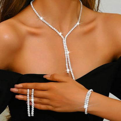 Silver Bridal Wedding Jewelry Sets Rhinestone Necklace Earrings Bracelet Set Prom Formal Costume Jewelry Sets for Women and Brides - color: Silver