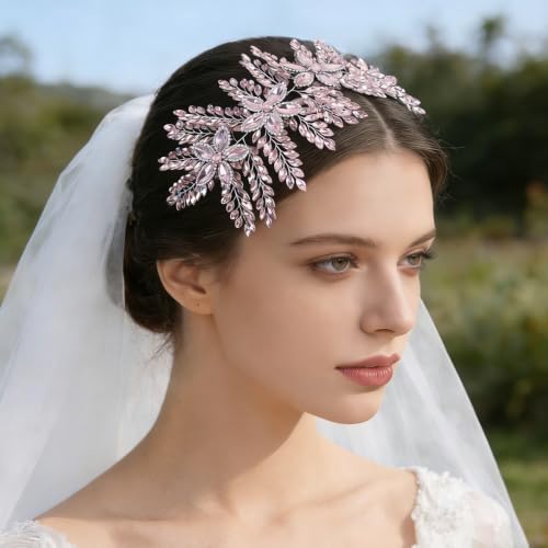 Teyglen Large Full Rhinestone Headband Flower Crystal Bride Wedding Headband Hair Vine Bridal Rhinestone Headpiece Wedding Hair Accessories for Women Party Prom (Pink) - color: Pink