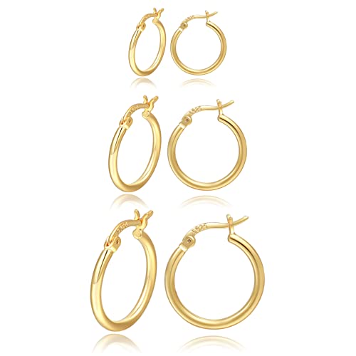 PABBEU 925 Sterling Silver Small Hoop Earrings Set for Women Hypoallergenic | 3Pairs Cubic Zirconia Small Huggie Hoop Earrings Set 13/15/20mm,Nickel-Free Lightweight Comfortable Sleeper Earrings Gift Set - color: 13/15/20mm T Gold