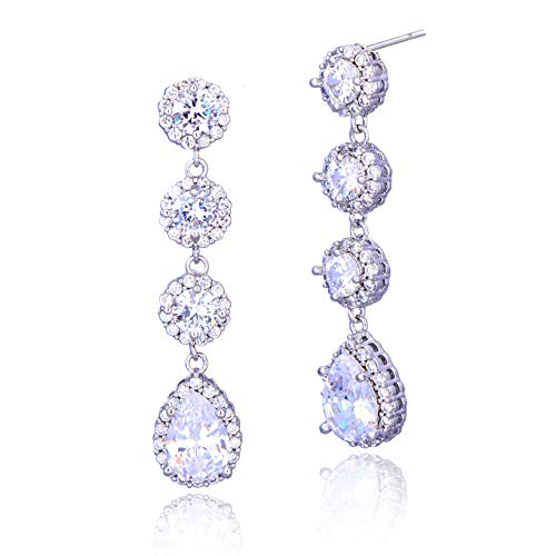 Women's Cubic Zirconia Bridal Earrings - Elegant Long Wedding Party Prom Earring for Bride Bridesmaids Crystal CZ Rhinestone Chandelier Statement Dangle Drop Earrings for girls - color: Clear-silver