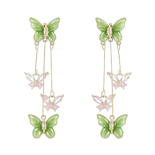 Purple Butterfly Tassel Earrings for Women Crystal Rhinestone Drop Earrings Animal Drop Dangle Charm Earrings - color: G-Green