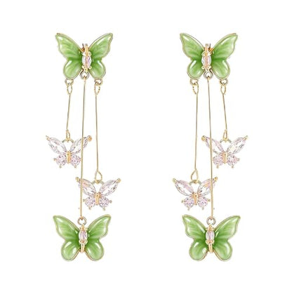 Purple Butterfly Tassel Earrings for Women Crystal Rhinestone Drop Earrings Animal Drop Dangle Charm Earrings - color: G-Green