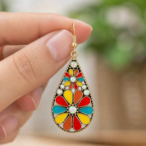 Colorful Green Teardrop Earrings for Women - Bohemian Style Enamel Dangle Earrings Lightweight Fashion Jewelry for Daily/Wedding/Party - color: Red