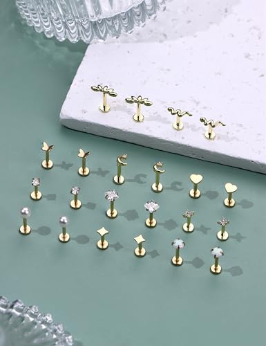 316L Stainless Steel 20G/16G Threadless Flat Back Push In Earrings Women | 11 Pairs 316L Hypoallergenic CZ Cartilage Conch Tragus Stud Earrings Nose Rings for Women, 14K Gold Plated, Silver, 6/7/8mm - color: 14K Gold Plated, size: 16G- bar length: 6/7/8mm