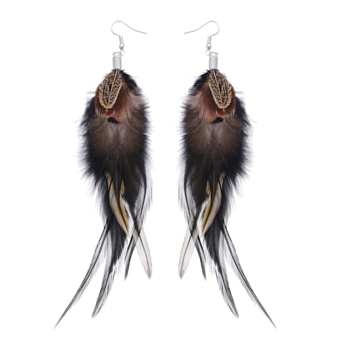 Bohemian Pheasant Peacock Long Feathers Statement Earrings Handmade Natural Lightweight Feather Dangle Earrings for Women (ea000071) - color: Black B