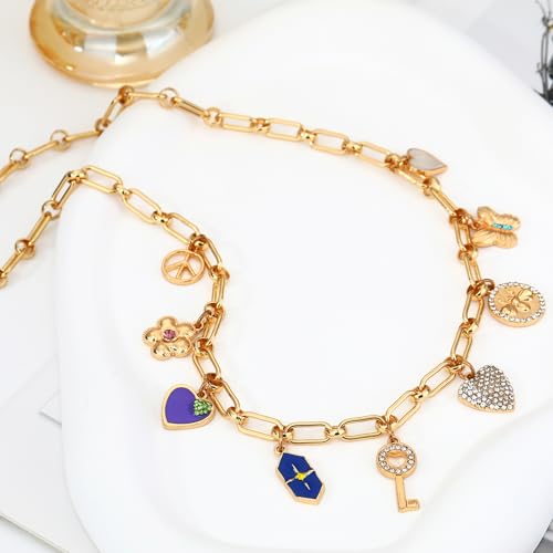 Charm Necklace for Women Gold Evil Eye Sun Moon Flower Coin Pendant Necklace Dainty Paperclip Chain Vintage Luck Amulet Choker Necklaces Celestial Jewelry Gift - style: 9 Charms- Key, Peace, Heart