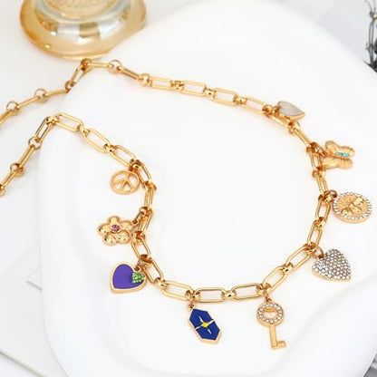 Charm Necklace for Women Gold Evil Eye Sun Moon Flower Coin Pendant Necklace Dainty Paperclip Chain Vintage Luck Amulet Choker Necklaces Celestial Jewelry Gift - style: 9 Charms- Key, Peace, Heart