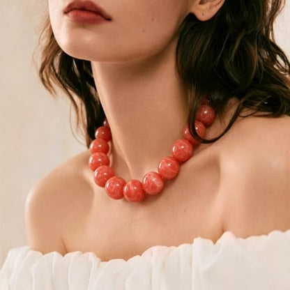 Chunky Necklaces for Women Trendy 20MM Large Resin Beaded Necklace Bold Statement Chunky Choker Necklace Boho Beads Summer Beach Jewelry - color: Orange - red