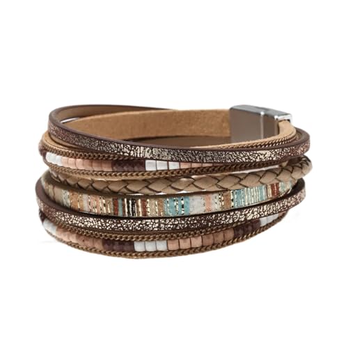 PU Leather Wrap Bracelet for Women Bohemian Handwoven Multi Layered Wristband Fashion Jewelry Accessory 7.68 Inch - color: Khaki