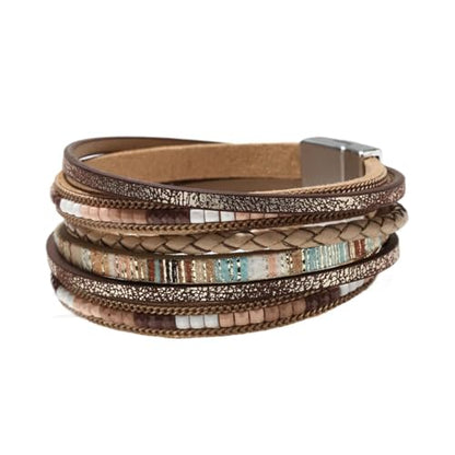 PU Leather Wrap Bracelet for Women Bohemian Handwoven Multi Layered Wristband Fashion Jewelry Accessory 7.68 Inch - color: Khaki