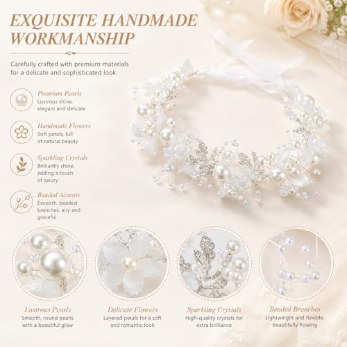 2 Pcs Flower Girl Headpiece, Silver Pearl Rhinestone Flower Hair Accessories Princess Headband for Bridal Wedding First Communion (pink) - color: pink