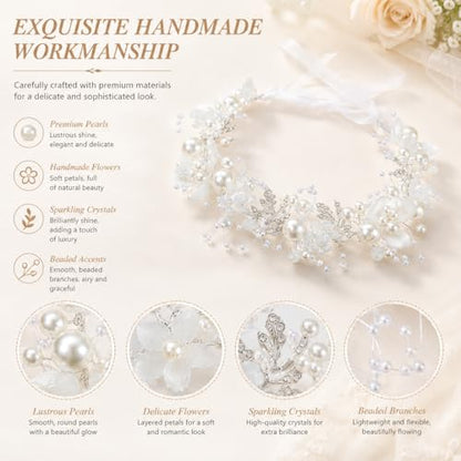 2 Pcs Flower Girl Headpiece, Silver Pearl Rhinestone Flower Hair Accessories Princess Headband for Bridal Wedding First Communion (slive) - color: slive