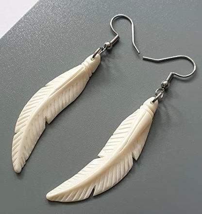 Hand Carved Bone Feather Dangle Drop Boho Tribal Earrings FA026 | Handcrafted 2.4" Feather Authentic Ox Bone Earrings, Handmade Lightweight Bohemian Tribal Fashion Jewelry Gift for Women
