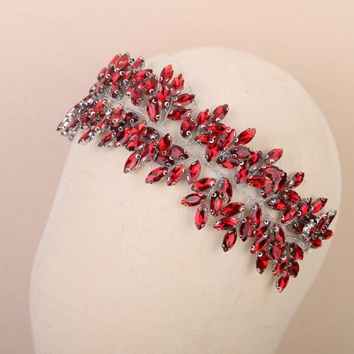 Missgrace Women Silver Green Black Red Blue Handmade Full Crystal Rhinestone Large Headband Hair Vine Shinny Headpiece Bridal Wedding Hair Accessories for Women (Silver red) - color: Silver red