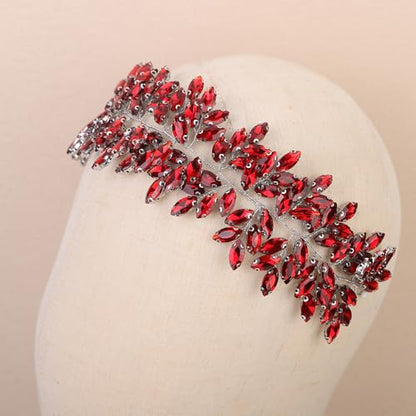 Missgrace Women Silver Green Black Red Blue Handmade Full Crystal Rhinestone Large Headband Hair Vine Shinny Headpiece Bridal Wedding Hair Accessories for Women (Silver red) - color: Silver red