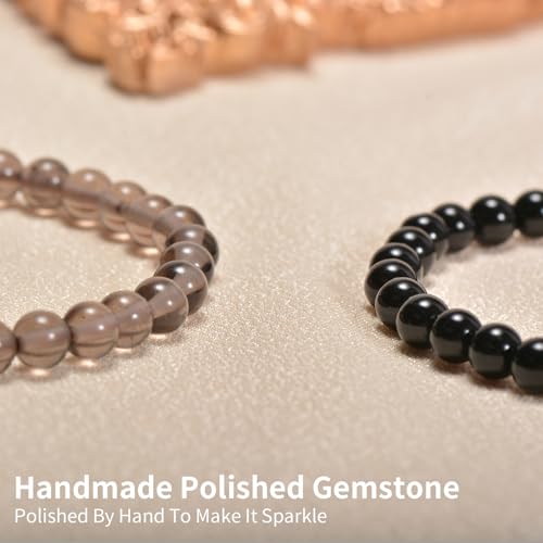 2PCS Agate Bracelet for Women Men Natural Round Beaded Agates Stone Healing Stretch Bracelets Elastic Handmade Polished Gemstone Beads Bracelet - color: Grey+Black, size: 6mm Beads