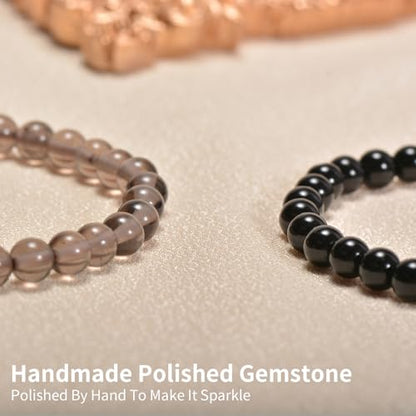 2PCS Agate Bracelet for Women Men Natural Round Beaded Agates Stone Healing Stretch Bracelets Elastic Handmade Polished Gemstone Beads Bracelet - color: Grey+Black, size: 6mm Beads