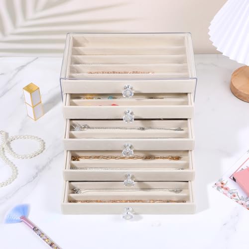 5-Drawer Necklace Organizer Box with Clear Acrylic & Velvet Lining, Beige Necklace Storage Box for Chains, Pendants, Stackable Dustproof Jewelry Holder(9.25 x 5.9 x 6.69 in)