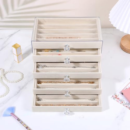 5-Drawer Necklace Organizer Box with Clear Acrylic & Velvet Lining, Beige Necklace Storage Box for Chains, Pendants, Stackable Dustproof Jewelry Holder(9.25 x 5.9 x 6.69 in)