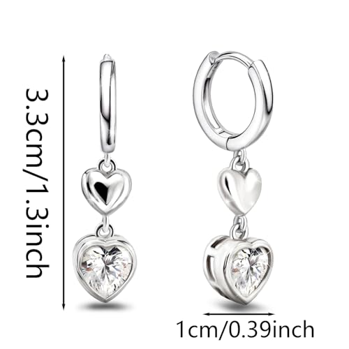 Heart Earrings for Women Girls-Sterling Silver Heart Dangle Hoop Earrings with Charm Love Huggie Hoop Earrings Hypoallergenic Delicate Jewelry Gifts for Women Girls Birthday - color: CZ Double Heart Earrings