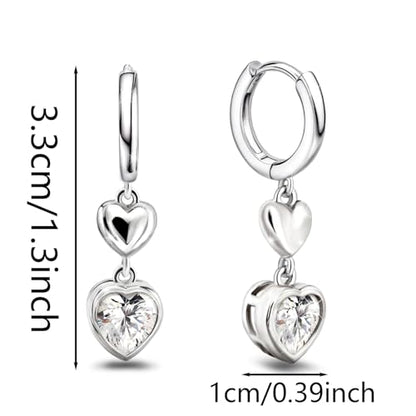 Heart Earrings for Women Girls-Sterling Silver Heart Dangle Hoop Earrings with Charm Love Huggie Hoop Earrings Hypoallergenic Delicate Jewelry Gifts for Women Girls Birthday - color: CZ Double Heart Earrings