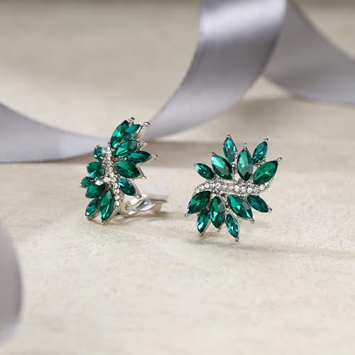 EVER FAITH Sparkly Rhinestone Clip-on Earrings for Women Bride, Fashion Marquise Crystal Cluster Wedding Bridal Stud Earring for Prom Formal Party - color: Green Silver-Tone