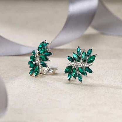 EVER FAITH Sparkly Rhinestone Clip-on Earrings for Women Bride, Fashion Marquise Crystal Cluster Wedding Bridal Stud Earring for Prom Formal Party - color: Green Silver-Tone