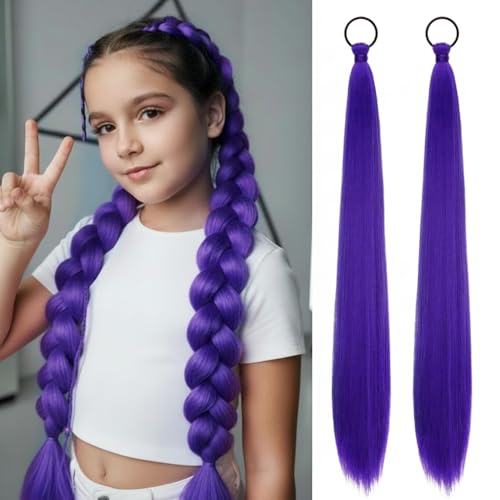 2 PCS Purple Ponytail Extension 26 Inch Yaki Straight Long Braided Ponytail Extension for Black Women and Girls 90g High Volume Synthetic Hairpieces for Everyday and Cosplay Includes 2 Ties and Clips - color: Purple