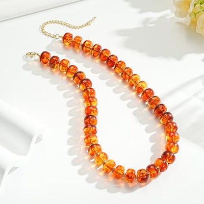 Beaded Necklaces for Women - Colorful Acrylic Beaded Chunky Necklace | Adjustable Statement Necklace, Puffy Heart Pendant, Boho Choker Necklace, Waterproof Summer Beach Jewelry, Gifts for Vacation - color: Amber
