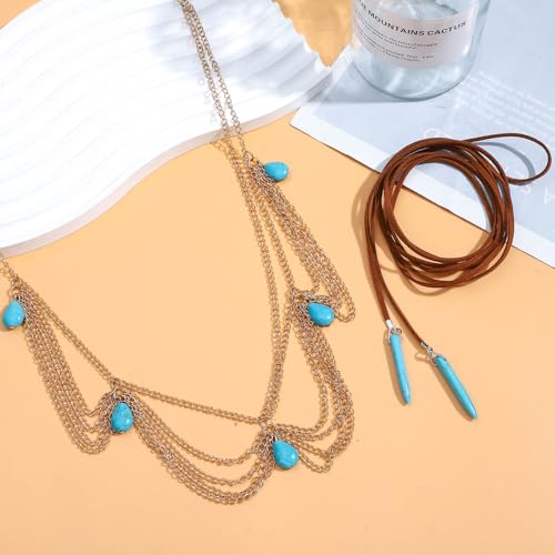 NEWITIN 15 Pieces Gold Bohemian Jewelry Set for Women Turquoise Jewelry Set | Costume Gold Jewelry, Western Jewelry, Belt Chain Necklaces Bracelets Rings Earrings Set for Women Party Daily, Women Gifts - color: Dark Gold