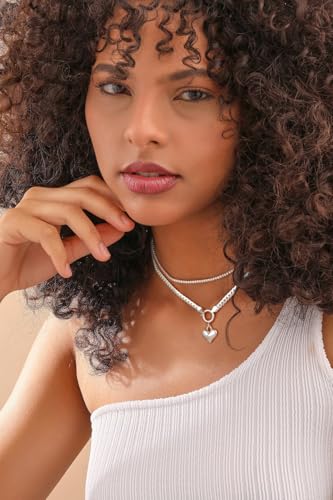 NUZON Sunburst Heart / 2-Tone Interlocking/CZ Evil Eye/Single Pearl/Love Heart Pendant Necklace for Women 14K Gold Chain Necklace Chunky Statement Jewelry - color: "Love you" Heart - Silver