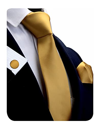 GUSLESON 3.15"（8cm） Solid Color Necktie and Pocket Square Cufflinks Sets For Men + Gift Box - color: Goldenrod