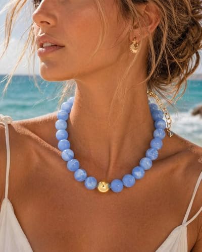 Chunky Beaded Necklace for Women Boho Statement Bead Necklace | Adjustable, Lightweight Choker, Round/Oval/Pebble Beads, Trendy Summer Beach Jewelry - color: Light Blue-C
