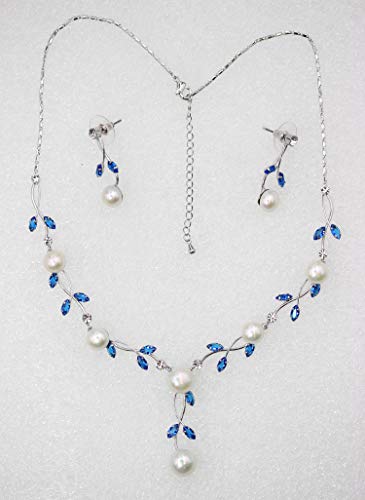 Faship Genuine Freshwater Pearls Floral Necklace Earrings Set | Premium CZ Crystal, Gorgeous, Sparkling - color: Blue
