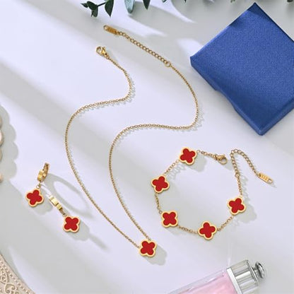 18K Gold Plated Lucky Clover Jewelry Set, Birthday Gifts for Women | Stainless Steel Hypoallergenic,Black White Red Four Leaf Clover Bracelet Necklace Earrings set, Daily Wear, Gifts for Women - color: Clover Set-Red