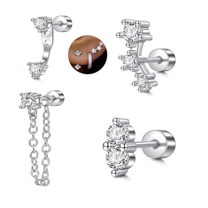 20g 16g Tragus Piercing Jewelry Helix Earrings Threadless Flat Back Earrings for Women Forward Helix Cartilage Earring Tragus Jewelry Medusa Labret Lip Piercing Jewelry Lip Studs 16 Gauge 8mm - color: 31-screw back 4pcs-silver