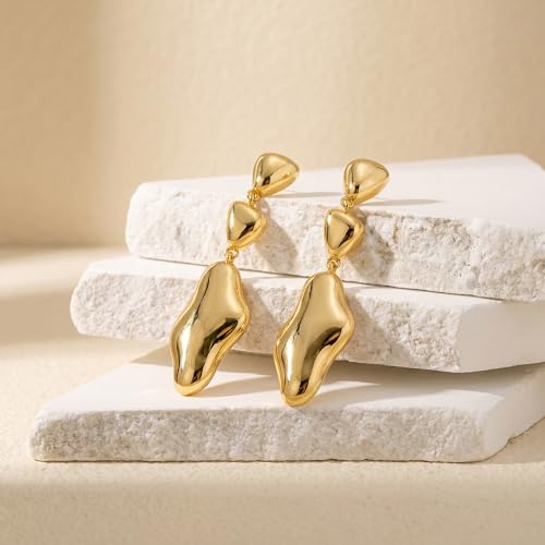 Gold Dangle Earrings for Women,Chunky 14K Gold Plated Drop Dangle Stud Earrings Long Statement Hammered Earring Hypoallergenic Jewelry for Women Gifts - style: Irregular-GD