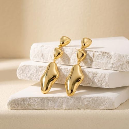 Gold Dangle Earrings for Women,Chunky 14K Gold Plated Drop Dangle Stud Earrings Long Statement Hammered Earring Hypoallergenic Jewelry for Women Gifts - style: Irregular-GD
