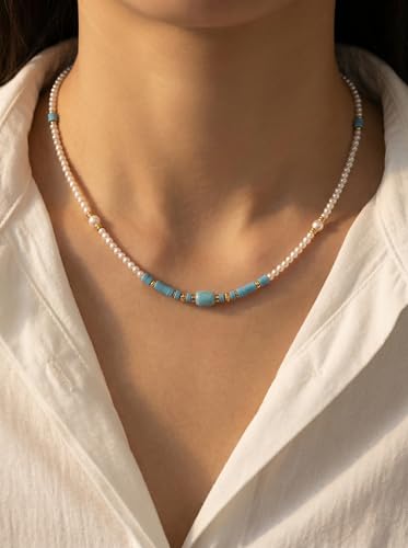 Pearl Necklace for Women Paperclip Chain Chunky Gold Necklace, Freshwater Cultured Pearls Trendy Link Chain 18K Gold Plated Dainty Pearl Choker - color: Pearl&Blue Stone