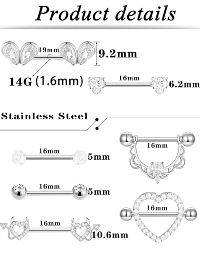 7 Pairs Nipple Rings for Women 14G Stainless Steel Pink CZ Heart Devil Acrylic Ball Straight Barbell Nipple Bars Tongue Rings Set Cute Nipplerings Piercing Jewelry Sliver Tone - color: White