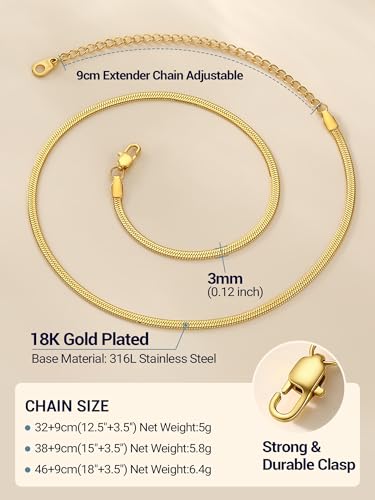PROSTEEL 3mm/5mm Herringbone Choker Necklace for Women, 12.5"/15"/18", Stainless Steel/Sterling Silver Flat Snake Chain in Silver/Yellow Gold/Rose Gold/Black, Come with Box - color: 3mm-Gold Plated, size: 12.5 Inch