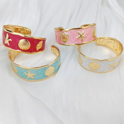 YBMYCM Chunky Shell Cuff Bracelet for Women, Hammered Boho Open Bangle | Adjustable Irregular Wide Bracelets Jewelry Gifts for Women, Perfect for Daily Wear - color: Pink2