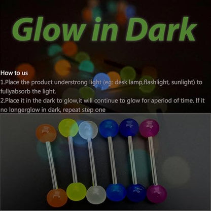 48Pcs 14G Surgical Stainless Steel Tongue Rings Tongue Piercing Jewelry | Straight Tongue Barbells Bars for Women Glow in Dark Candy Cute Color Tongue Ring 16mm